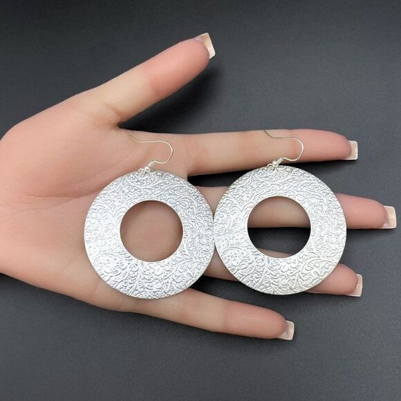 Silver Cut Out Round Floral Embossed Textured Open Hoop Dangling Hook Earrings - Picture 8 of 8